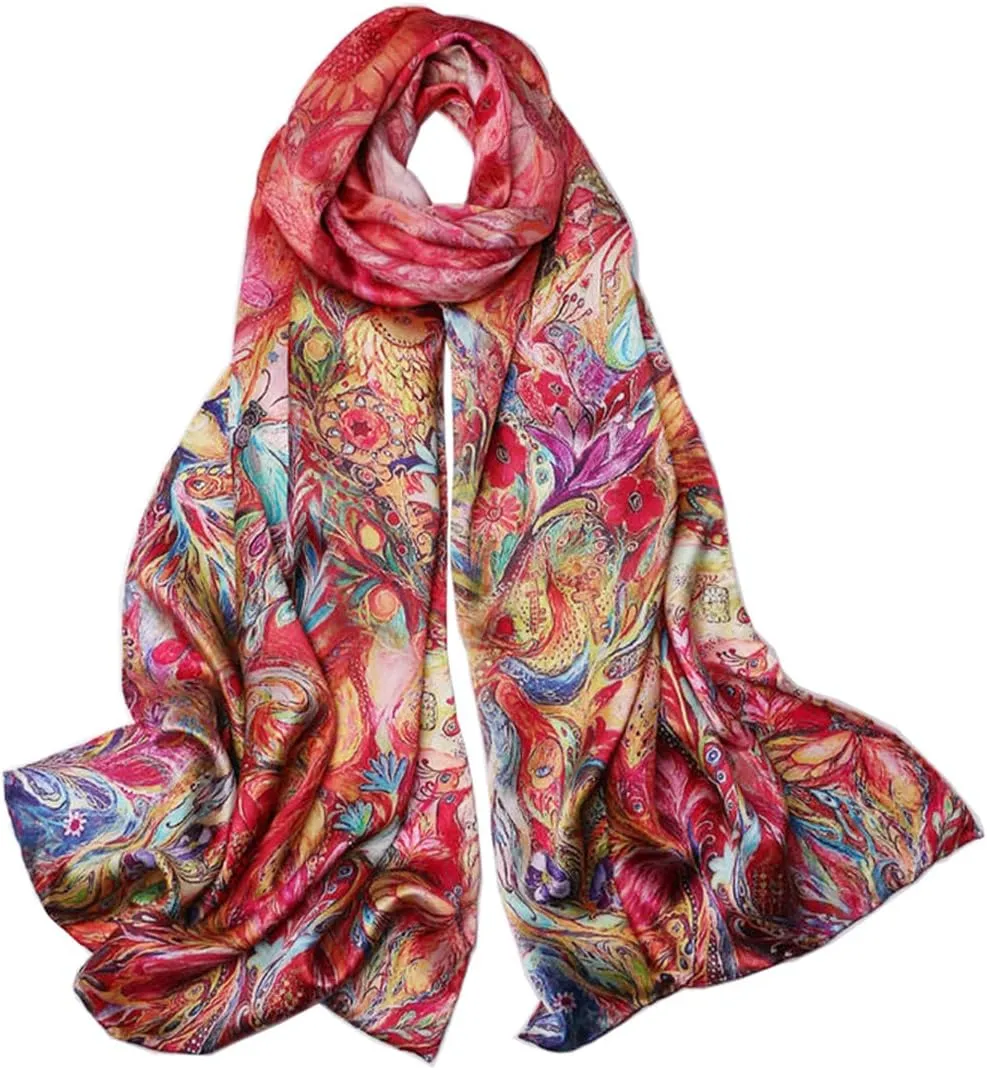 100% Mulberry Silk Scarfs for Women Floral Print Satin Long Scarf for Headscarf Hair Wraps Shawl with Gift Packed