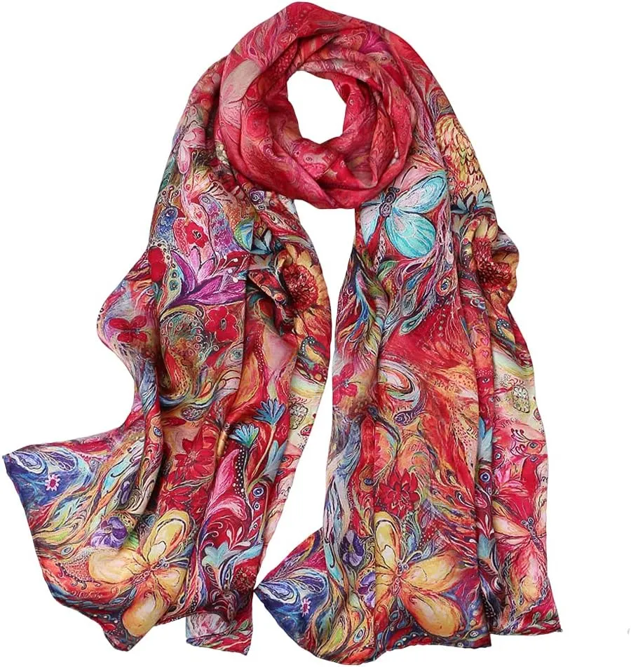 100% Mulberry Silk Scarfs for Women Floral Print Satin Long Scarf for Headscarf Hair Wraps Shawl with Gift Packed