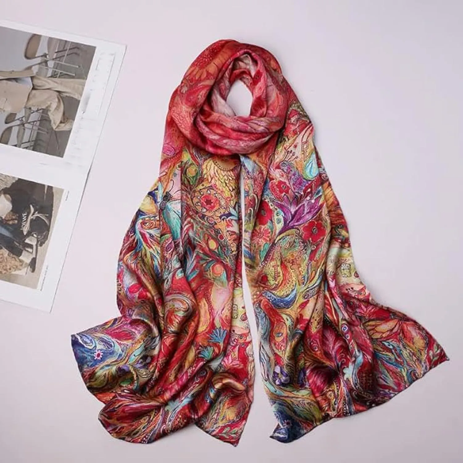 100% Mulberry Silk Scarfs for Women Floral Print Satin Long Scarf for Headscarf Hair Wraps Shawl with Gift Packed