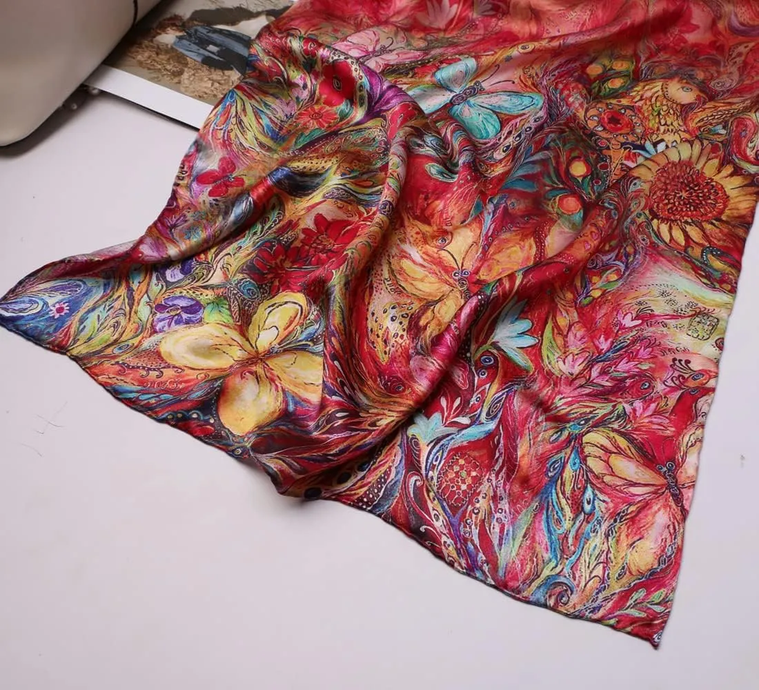 100% Mulberry Silk Scarfs for Women Floral Print Satin Long Scarf for Headscarf Hair Wraps Shawl with Gift Packed