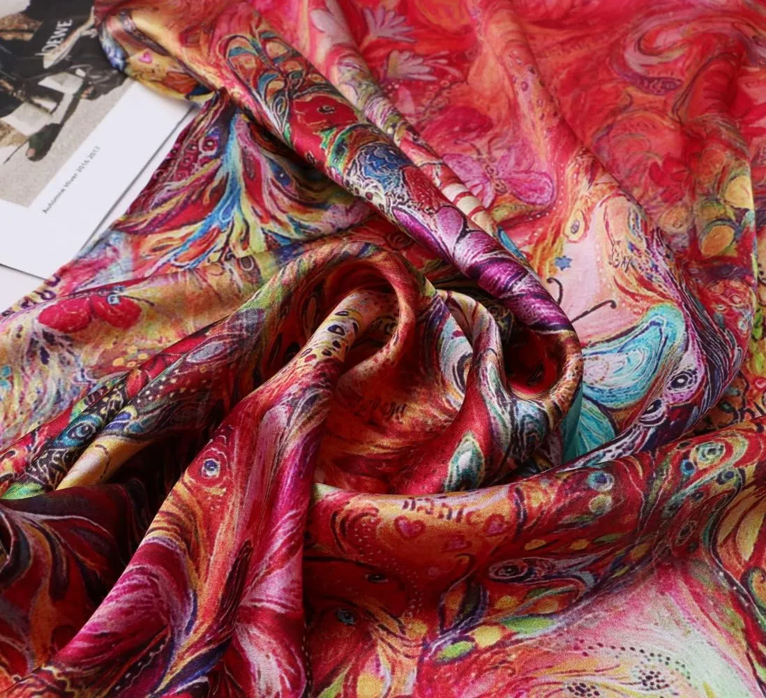 100% Mulberry Silk Scarfs for Women Floral Print Satin Long Scarf for Headscarf Hair Wraps Shawl with Gift Packed