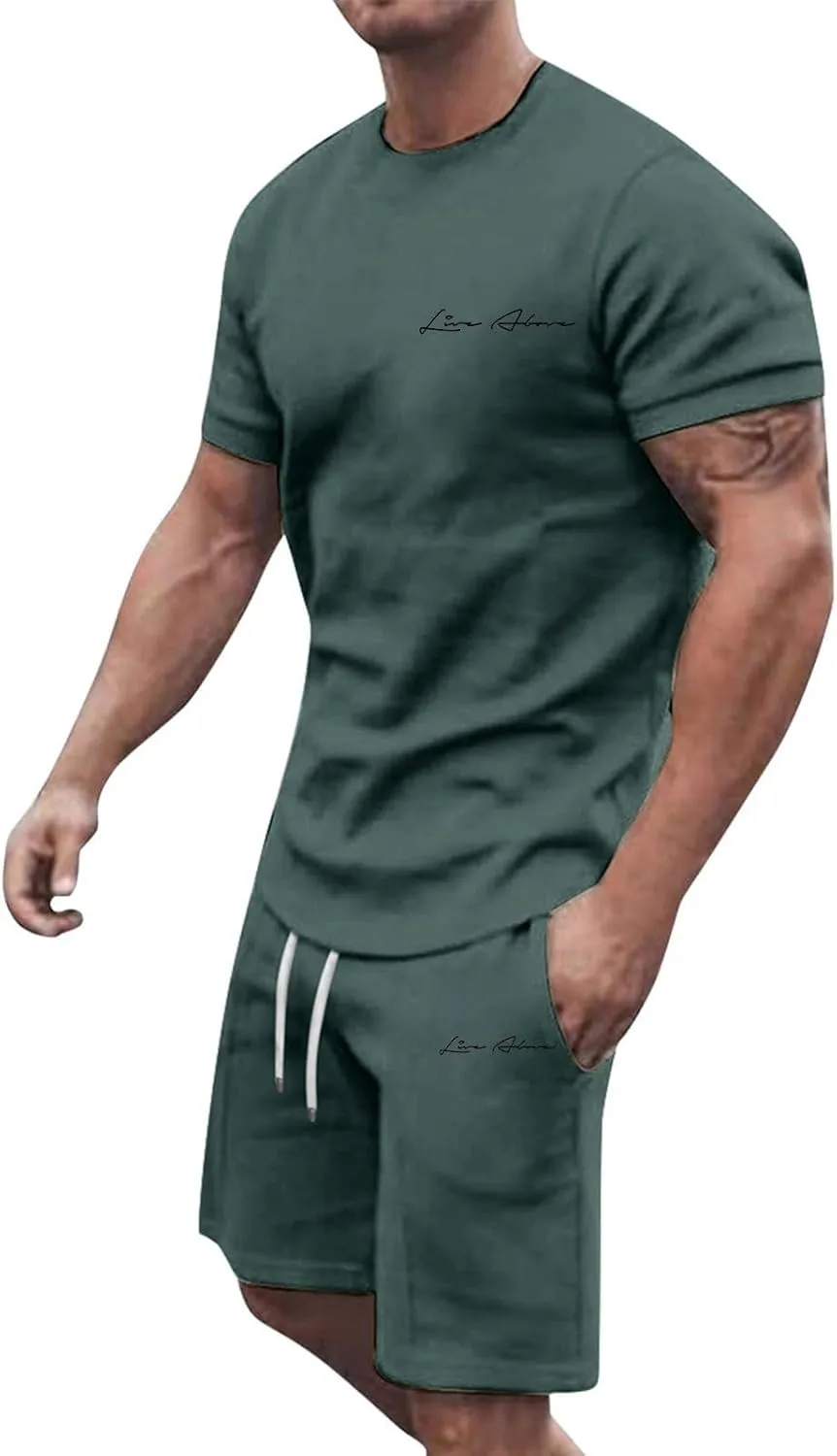 2 Piece Set for Men Mens Outfits Short Sleeve Athletic Sweatsuit Summer Tracksuit Sets Workout Tops Sportwear