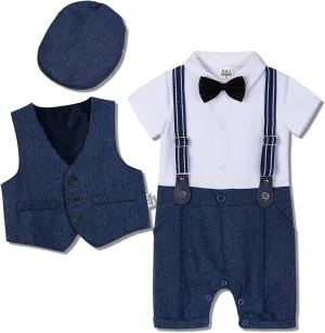 A&J DESIGN 4pcs Baby Boys Suit, Gentleman Outfits 3 Months - 18 Months, Romper & Vest & Berets Hat & Bow Tie