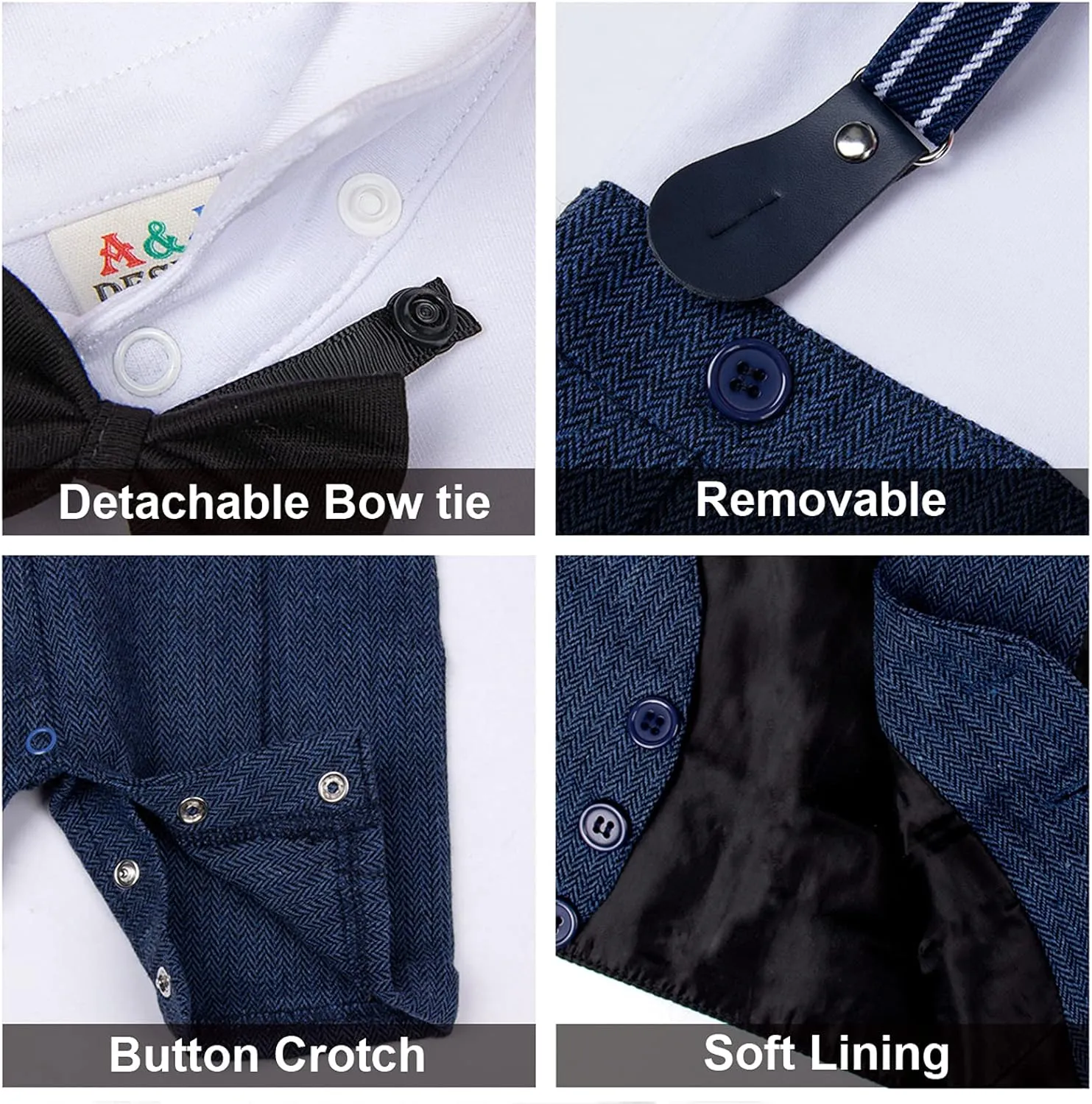 A&J DESIGN 4pcs Baby Boys Suit, Gentleman Outfits 3 Months - 18 Months, Romper & Vest & Berets Hat & Bow Tie