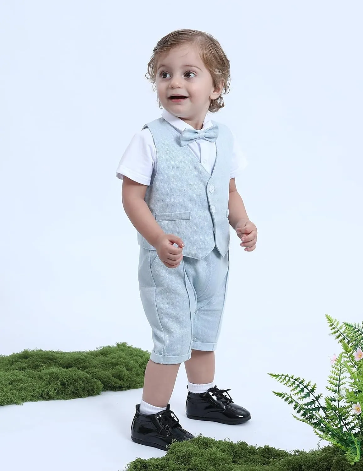 A&J DESIGN 4pcs Baby Boys Suit, Gentleman Outfits 3 Months - 18 Months, Romper & Vest & Berets Hat & Bow Tie