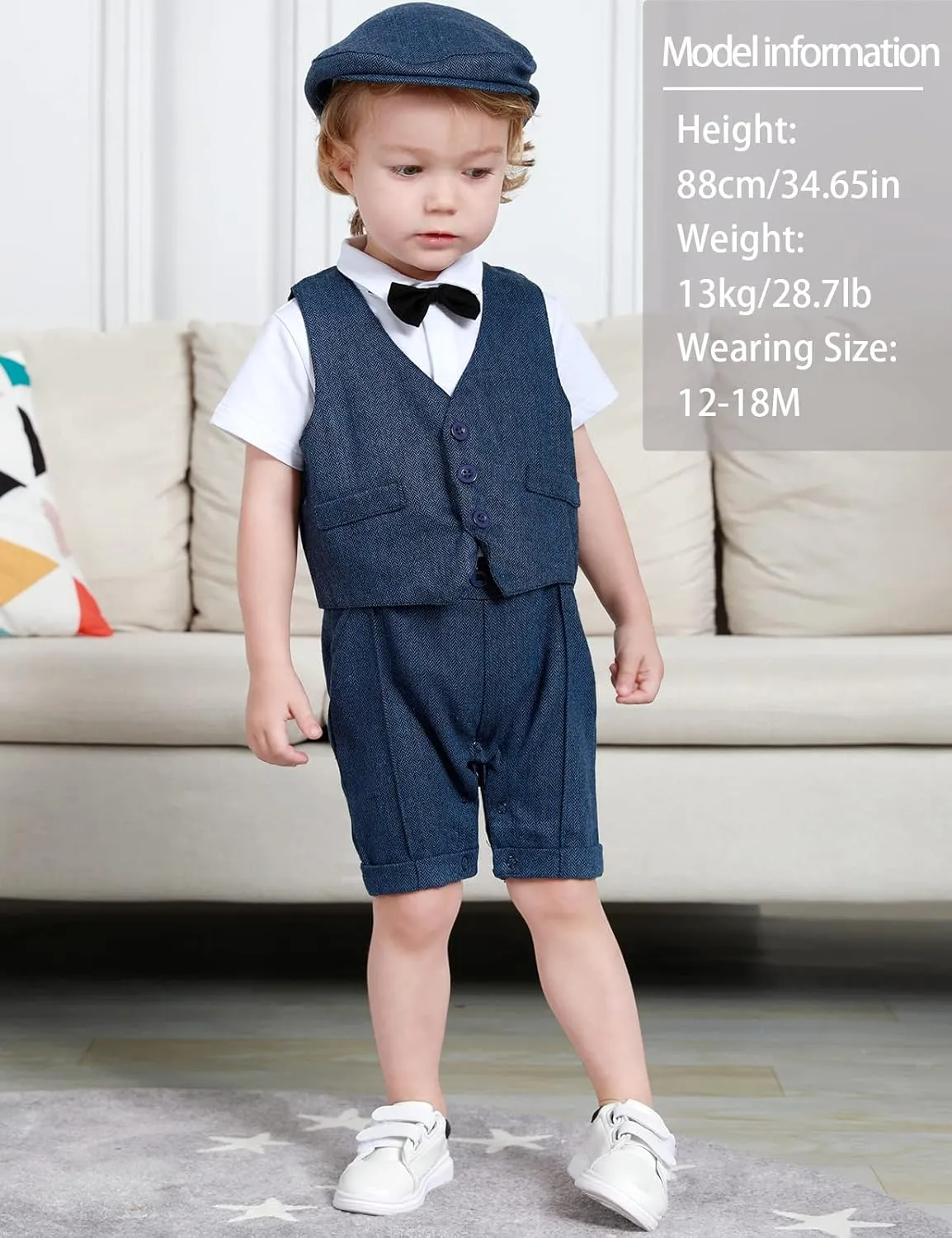 A&J DESIGN 4pcs Baby Boys Suit, Gentleman Outfits 3 Months - 18 Months, Romper & Vest & Berets Hat & Bow Tie