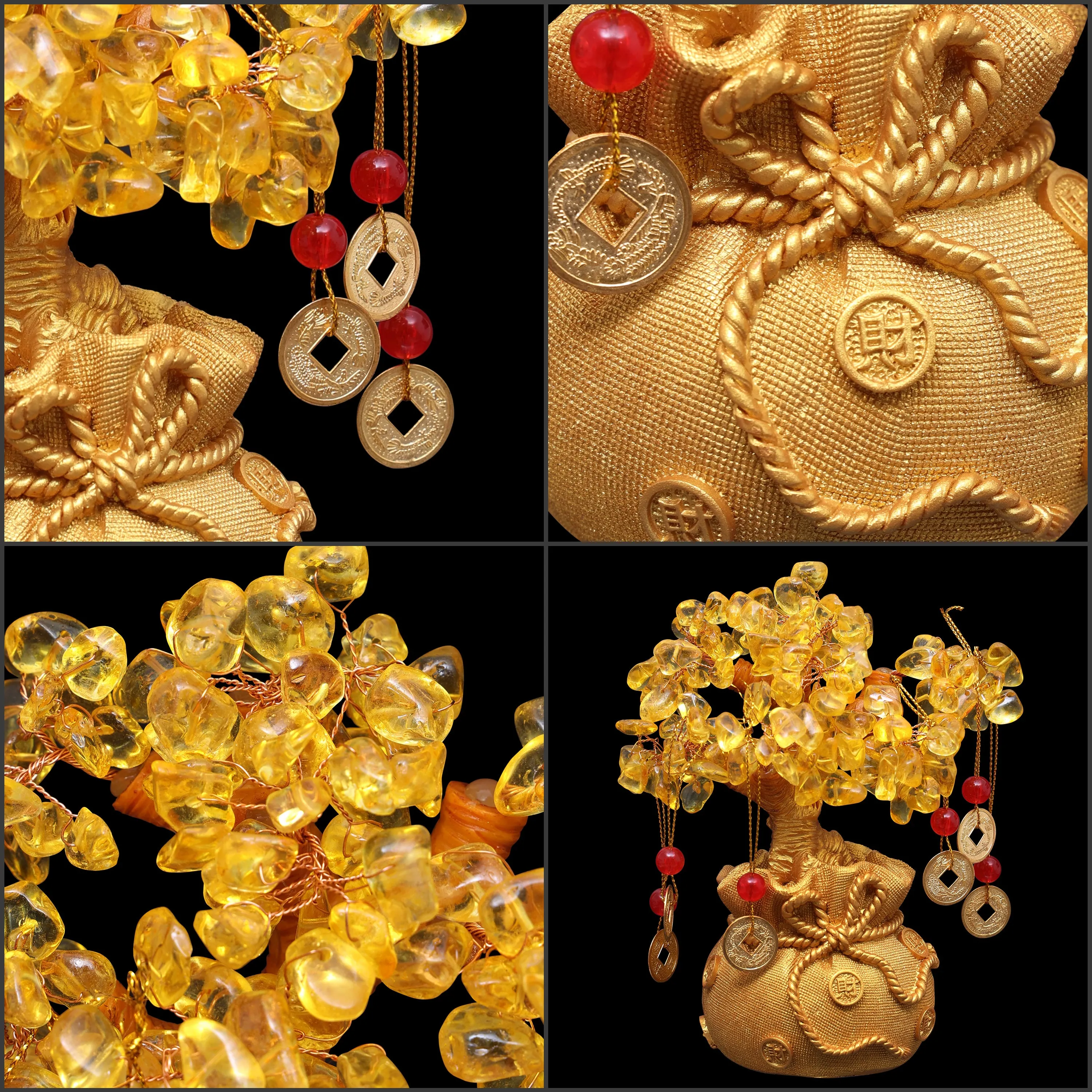 ABOUT SPACE Lucky Feng Shui Citrine Tree of Life Bonsai - Gold Crystal Ornaments with Hanging Coin Charms for Health, Wealth and Happiness - Table Decor, Living Room, Office (7 x 3 inch)