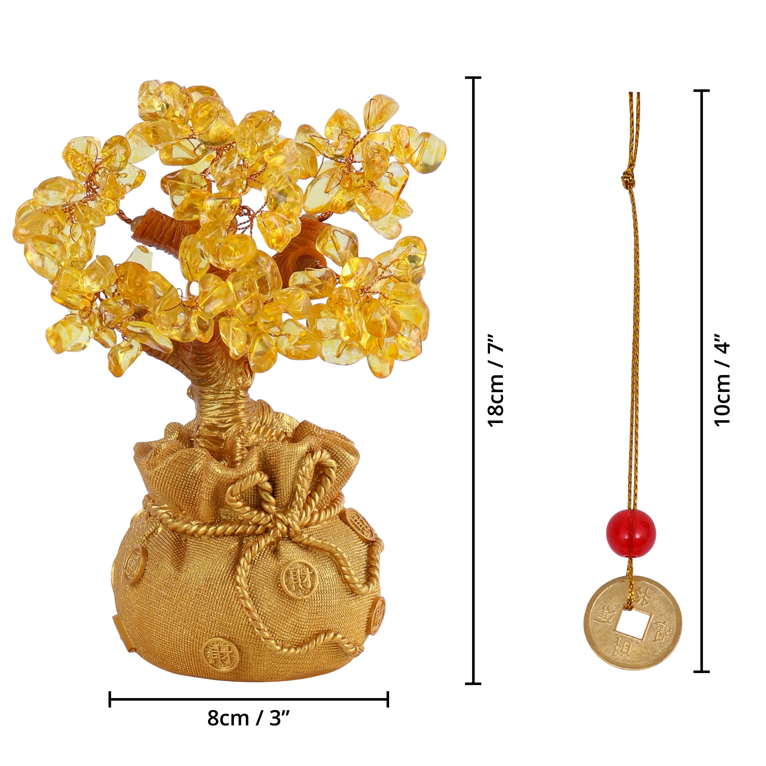 ABOUT SPACE Lucky Feng Shui Citrine Tree of Life Bonsai - Gold Crystal Ornaments with Hanging Coin Charms for Health, Wealth and Happiness - Table Decor, Living Room, Office (7 x 3 inch)