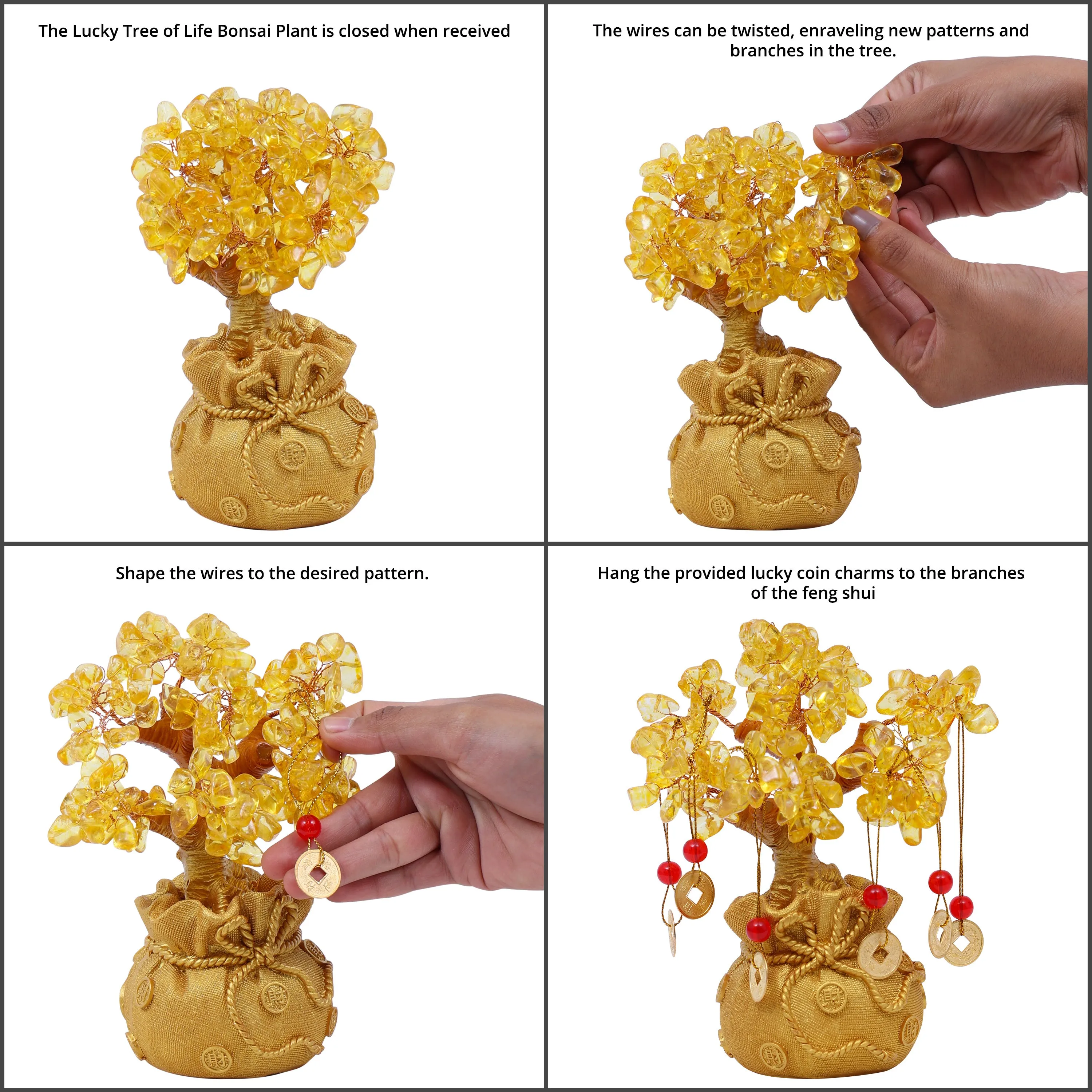 ABOUT SPACE Lucky Feng Shui Citrine Tree of Life Bonsai - Gold Crystal Ornaments with Hanging Coin Charms for Health, Wealth and Happiness - Table Decor, Living Room, Office (7 x 3 inch)