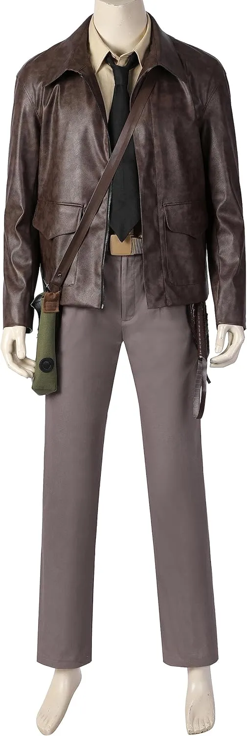 Adult Indiana Jones Cosplay Brown Leather Jacket Shirt Pants Indiana Jones Costume Hat Fedora Whip Full Set