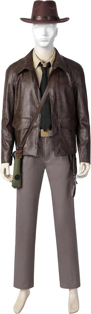 Adult Indiana Jones Cosplay Brown Leather Jacket Shirt Pants Indiana Jones Costume Hat Fedora Whip Full Set