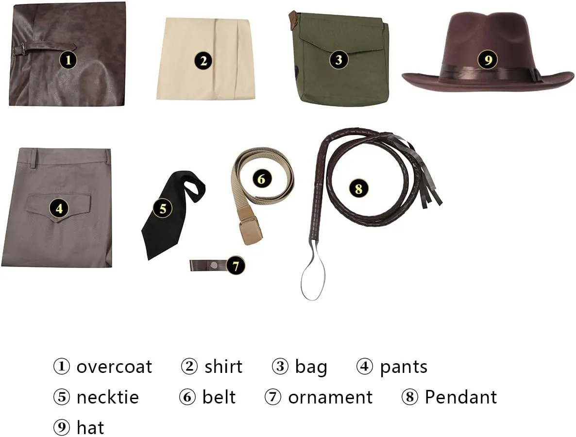 Adult Indiana Jones Cosplay Brown Leather Jacket Shirt Pants Indiana Jones Costume Hat Fedora Whip Full Set