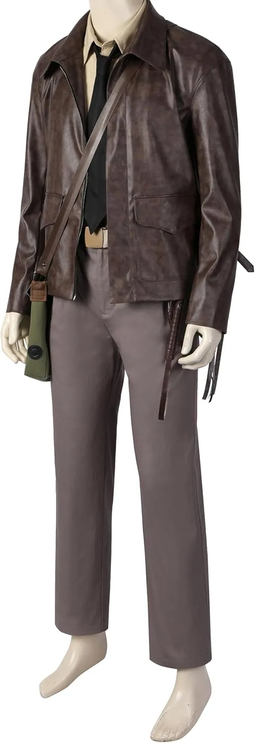 Adult Indiana Jones Cosplay Brown Leather Jacket Shirt Pants Indiana Jones Costume Hat Fedora Whip Full Set