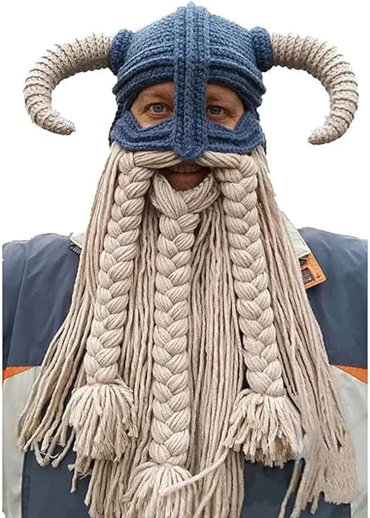 Adult Long Beard Viking Knit Hat Barbarian Bull Horn Handmade Knitted Beanie Hat Warm Funny Ski Cap Funny Party hat