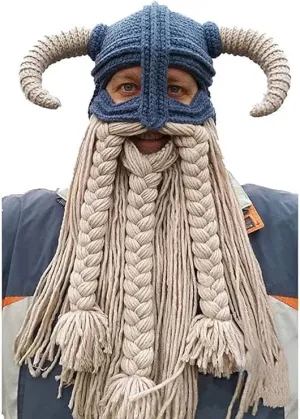 Adult Long Beard Viking Knit Hat Barbarian Bull Horn Handmade Knitted Beanie Hat Warm Funny Ski Cap Funny Party hat