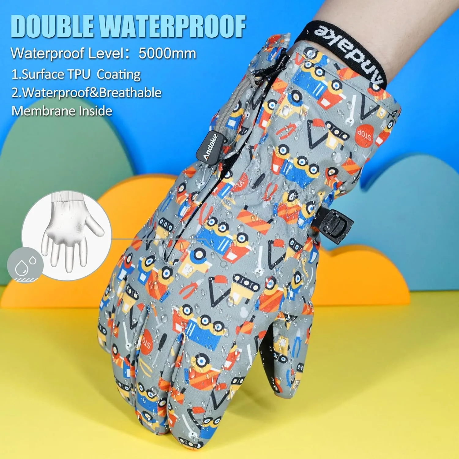 Andake Waterproof &Breathable Kids Snow Gloves 2-10Y Toddler Winter Warm Ski Gloves Kids Mittens for Boys Girls