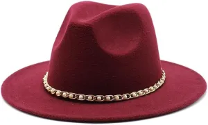Autumn and Winter Felt Hat Gold Chain Woolen Hat European and American Jazz Felt Hat Men and Women Big Brim Flat Brimmed Hat Fengyan Cowboy Hats (Color : Claret, Size : 56-58cm)