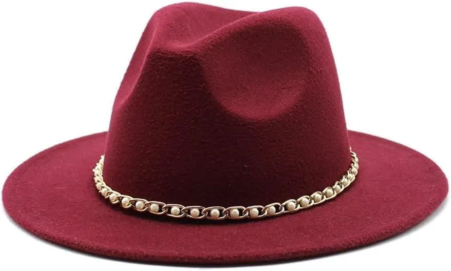 Autumn and Winter Felt Hat Gold Chain Woolen Hat European and American Jazz Felt Hat Men and Women Big Brim Flat Brimmed Hat Fengyan Cowboy Hats (Color : Claret, Size : 56-58cm)