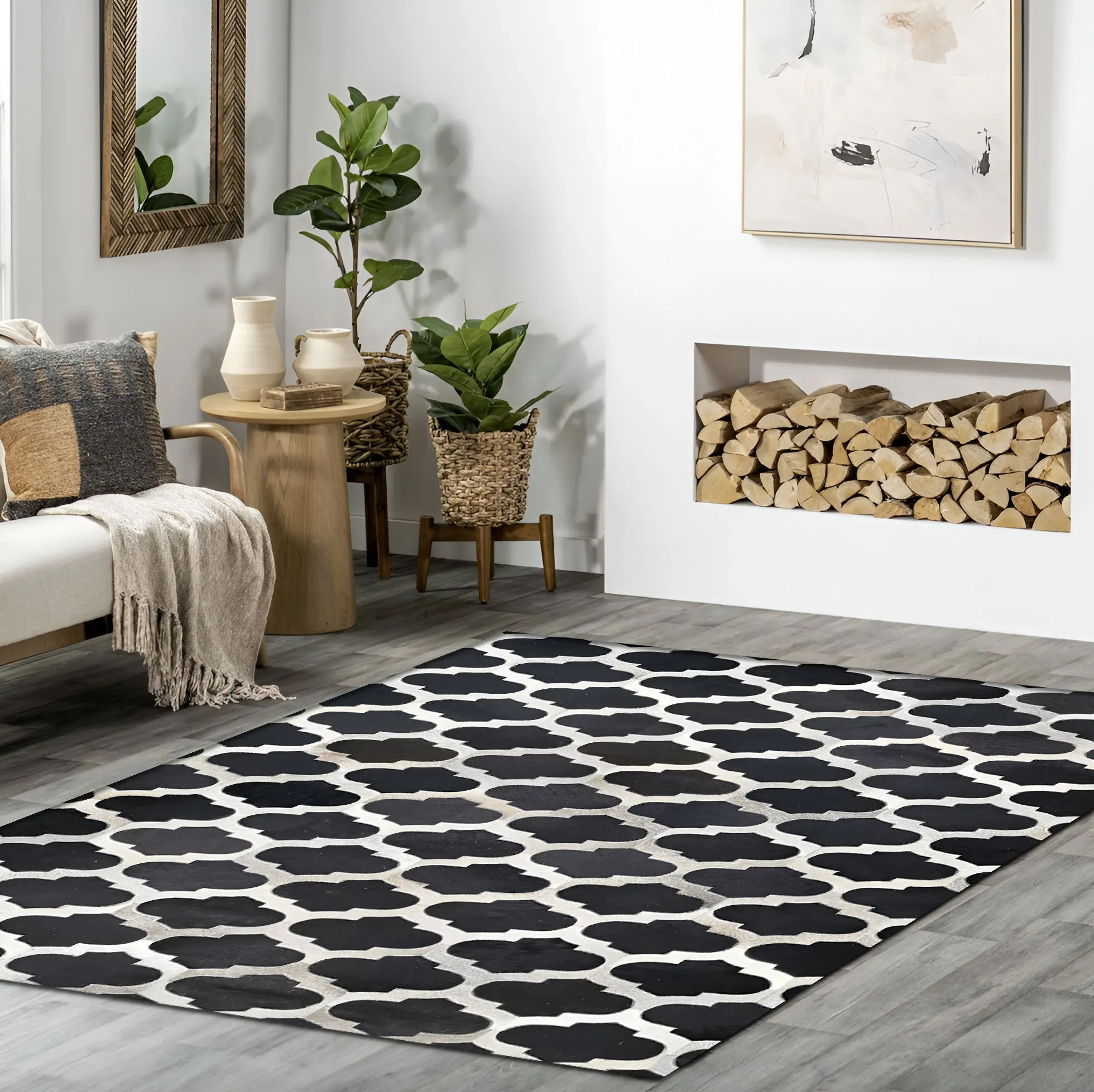 Black White Natural Cowhide Area Rug, 100% Genuine Leather Patchwork Rug