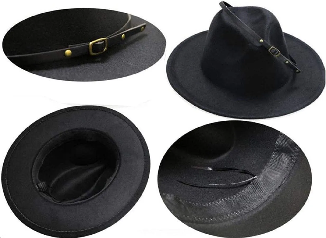 Classic Felt-Fedora Hat with Belt Buckle Women Wide Brim Wool Panama-Hat AdjustableSizeS-M