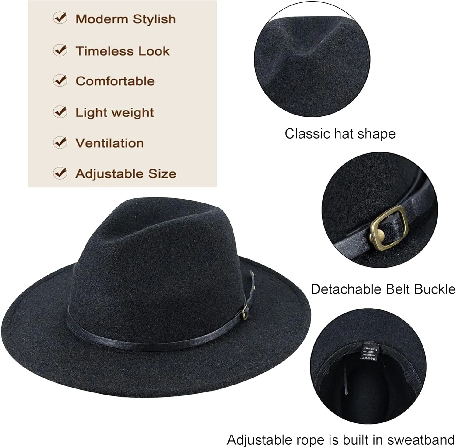 Classic Felt-Fedora Hat with Belt Buckle Women Wide Brim Wool Panama-Hat AdjustableSizeS-M