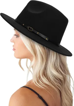 Classic Felt-Fedora Hat with Belt Buckle Women Wide Brim Wool Panama-Hat AdjustableSizeS-M