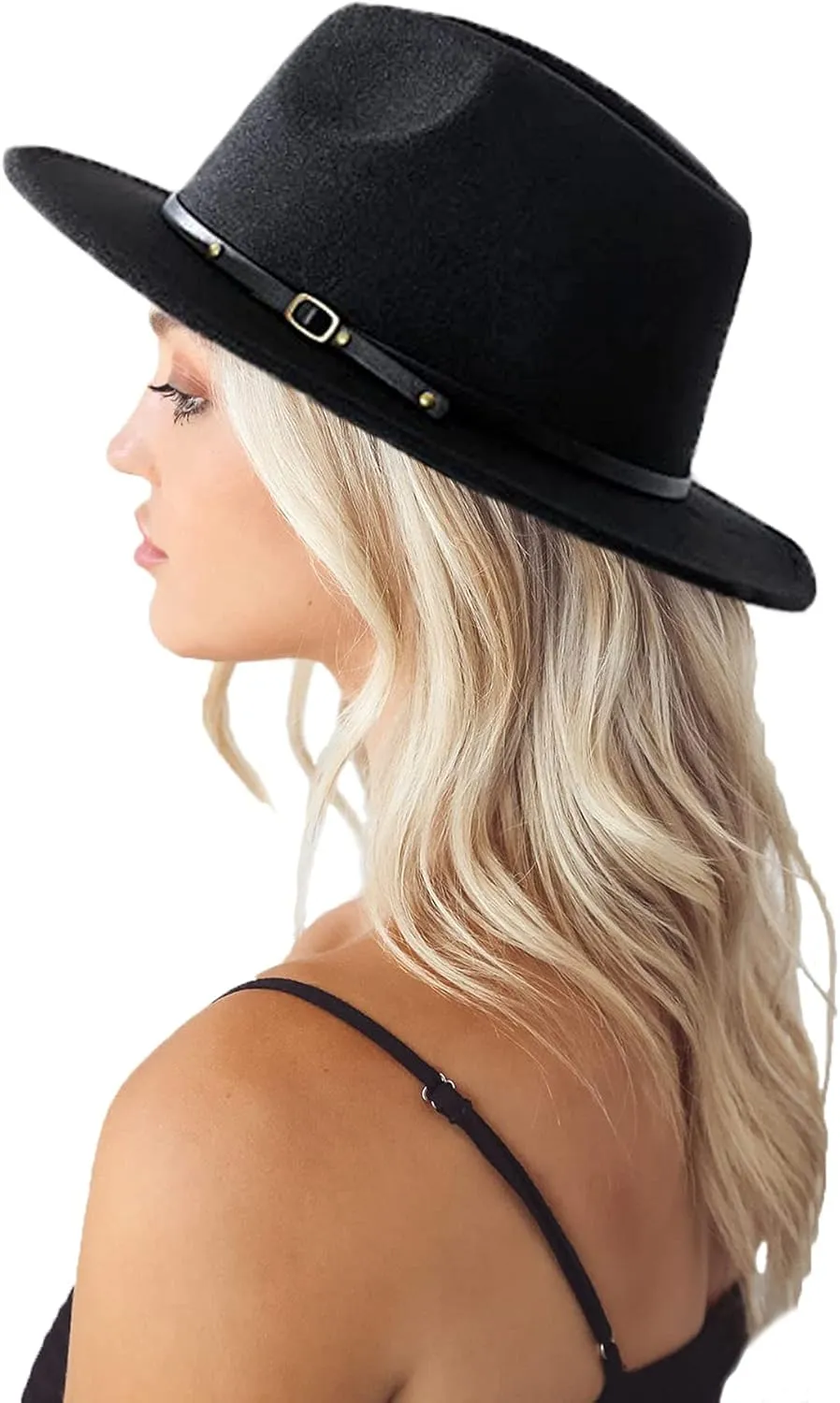 Classic Felt-Fedora Hat with Belt Buckle Women Wide Brim Wool Panama-Hat AdjustableSizeS-M