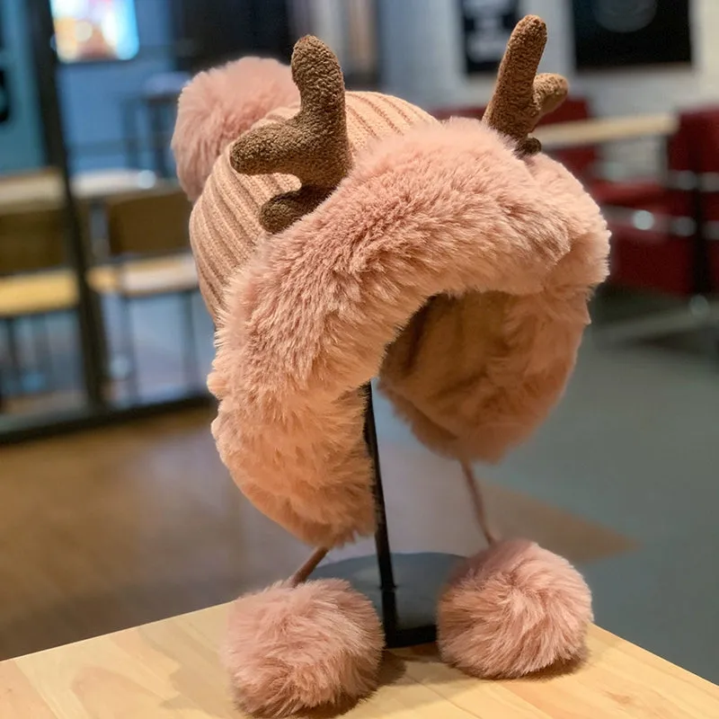 Cute Women's Autumn and Winter Christmas Elk Cycling Plush Bonnet
