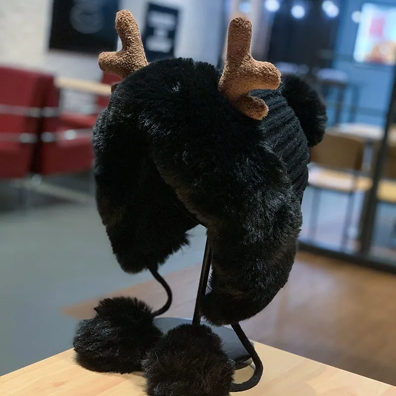 Cute Women's Autumn and Winter Christmas Elk Cycling Plush Bonnet