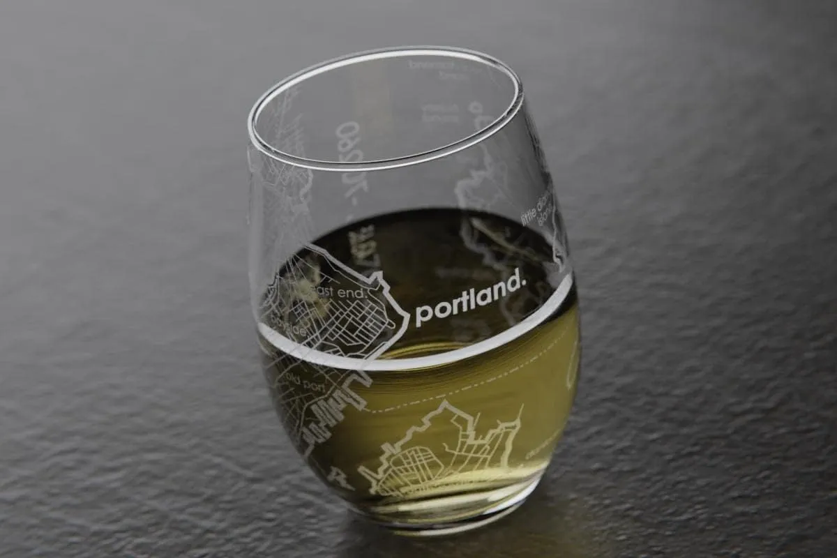 Engraved Portland Maine Map Stemless Wine Glass, Etched Glass (15 oz, Clear) City Custom Gifts for Lovers
