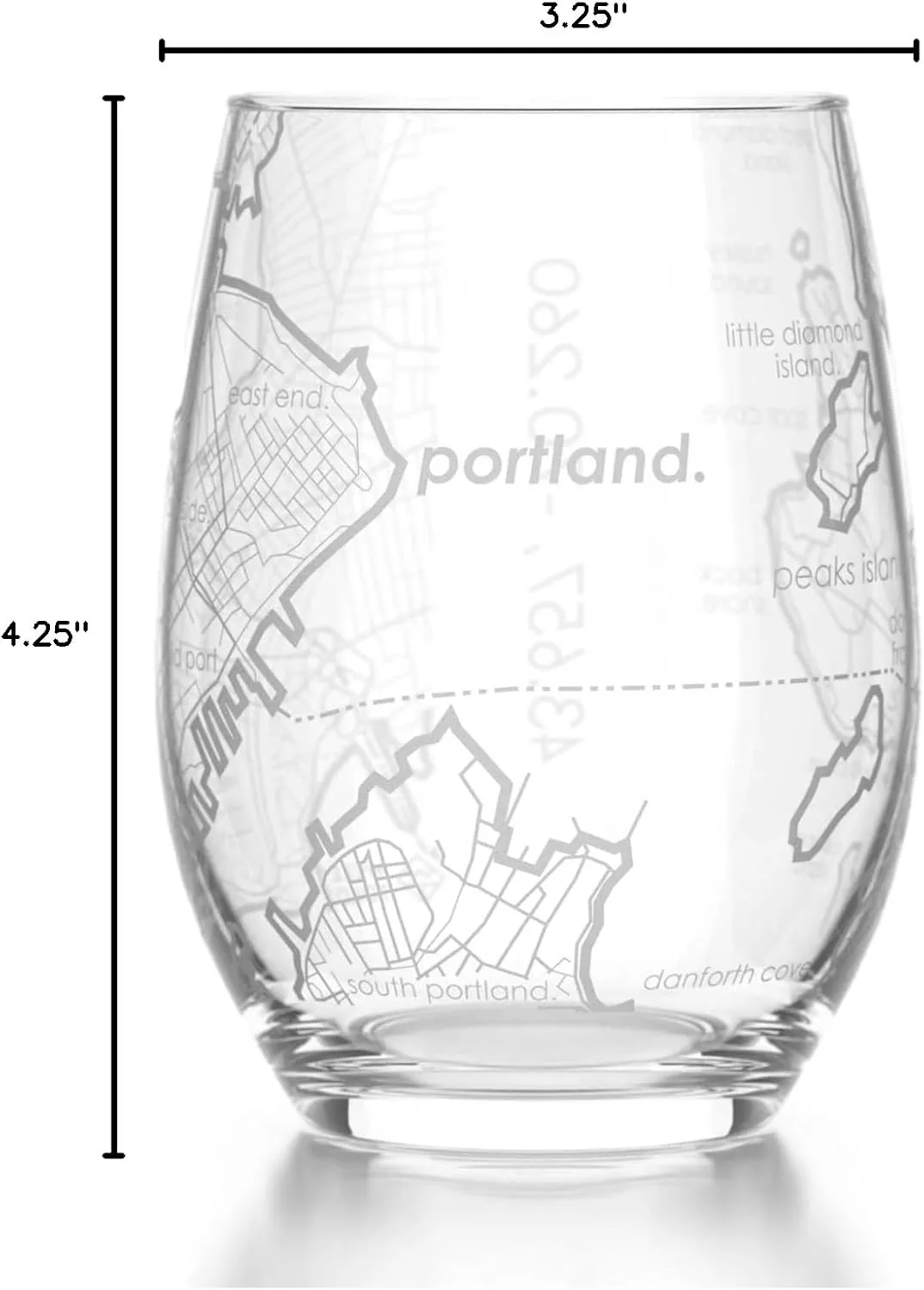 Engraved Portland Maine Map Stemless Wine Glass, Etched Glass (15 oz, Clear) City Custom Gifts for Lovers