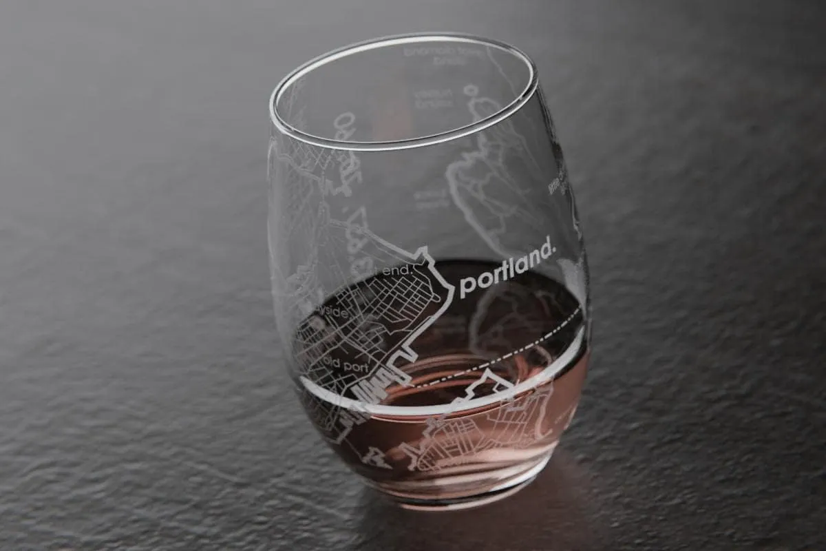 Engraved Portland Maine Map Stemless Wine Glass, Etched Glass (15 oz, Clear) City Custom Gifts for Lovers