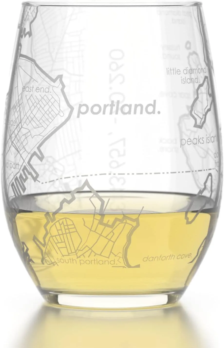 Engraved Portland Maine Map Stemless Wine Glass, Etched Glass (15 oz, Clear) City Custom Gifts for Lovers