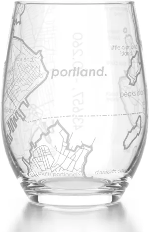 Engraved Portland Maine Map Stemless Wine Glass, Etched Glass (15 oz, Clear) City Custom Gifts for Lovers