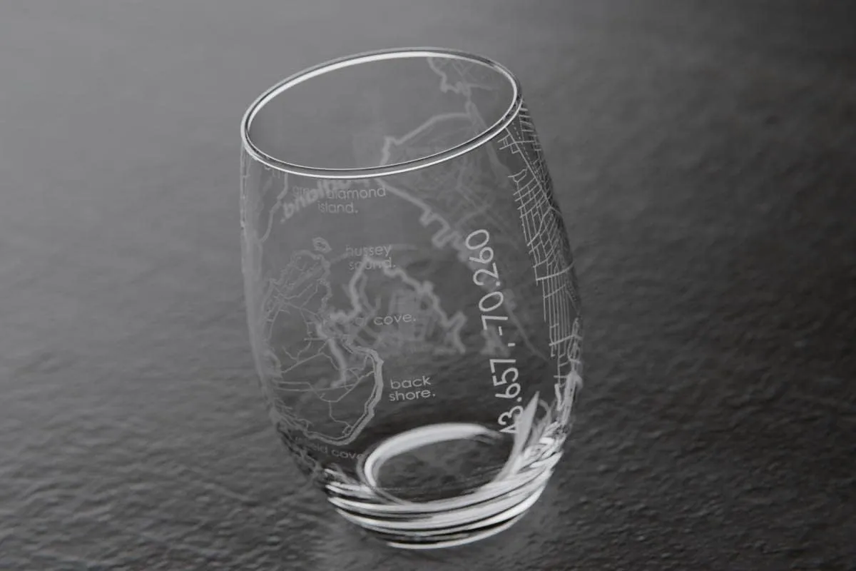 Engraved Portland Maine Map Stemless Wine Glass, Etched Glass (15 oz, Clear) City Custom Gifts for Lovers