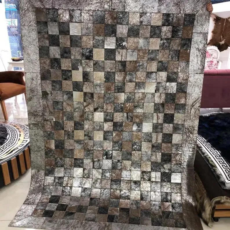 Genuine Leather Cowhide Patchwork Rug – Unique Design Handmade Cowhide Area Rug – Non Slip Rug