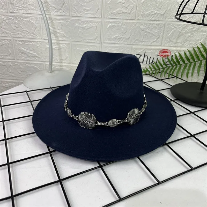 Hat Silver Square Chain Top Hat Wide Brim Flat Edge Woolen Fedora Hat