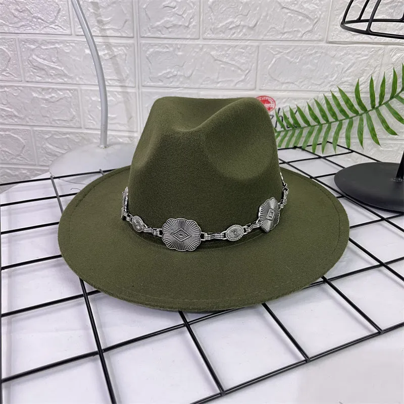Hat Silver Square Chain Top Hat Wide Brim Flat Edge Woolen Fedora Hat