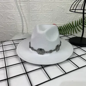 Hat Silver Square Chain Top Hat Wide Brim Flat Edge Woolen Fedora Hat