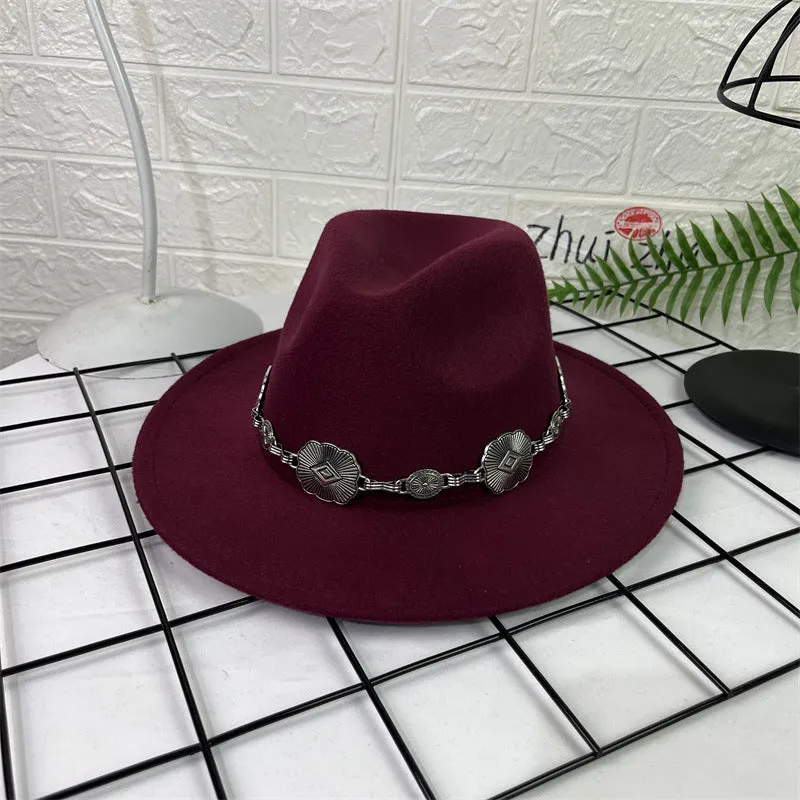 Hat Silver Square Chain Top Hat Wide Brim Flat Edge Woolen Fedora Hat