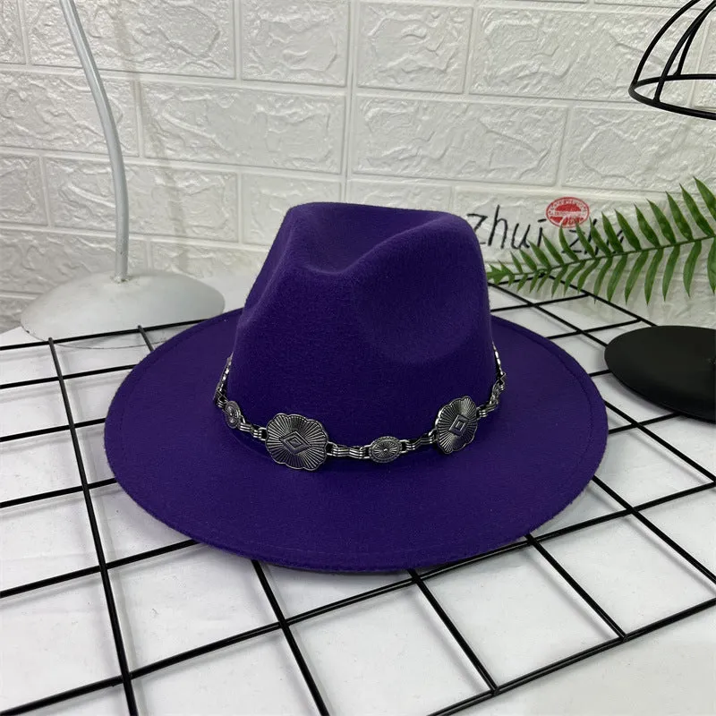Hat Silver Square Chain Top Hat Wide Brim Flat Edge Woolen Fedora Hat