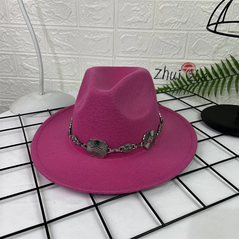 Hat Silver Square Chain Top Hat Wide Brim Flat Edge Woolen Fedora Hat