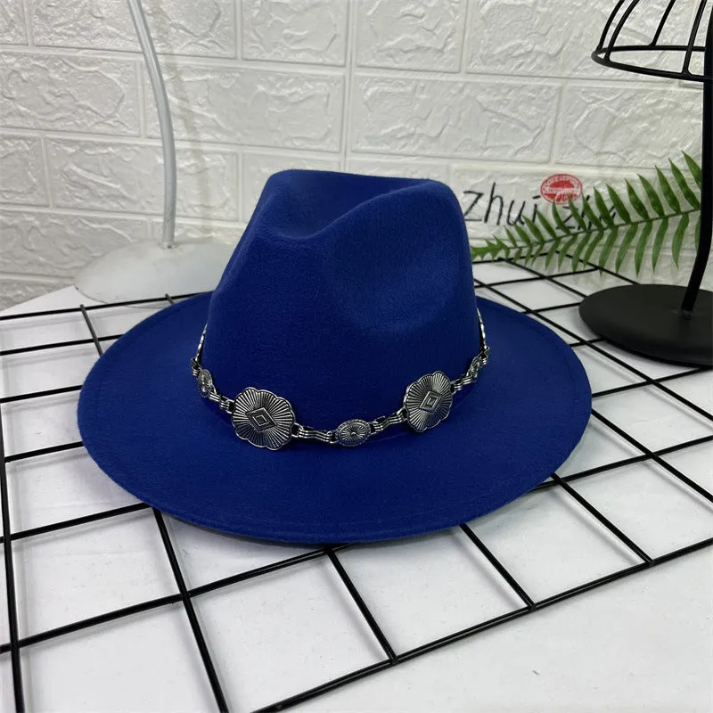 Hat Silver Square Chain Top Hat Wide Brim Flat Edge Woolen Fedora Hat