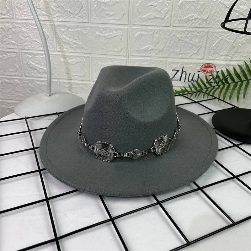 Hat Silver Square Chain Top Hat Wide Brim Flat Edge Woolen Fedora Hat