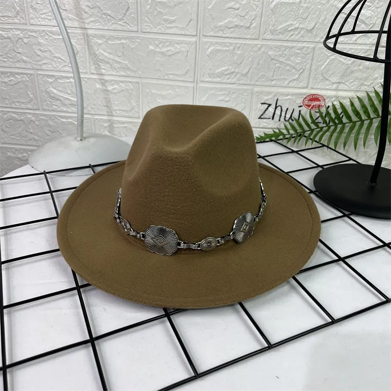 Hat Silver Square Chain Top Hat Wide Brim Flat Edge Woolen Fedora Hat