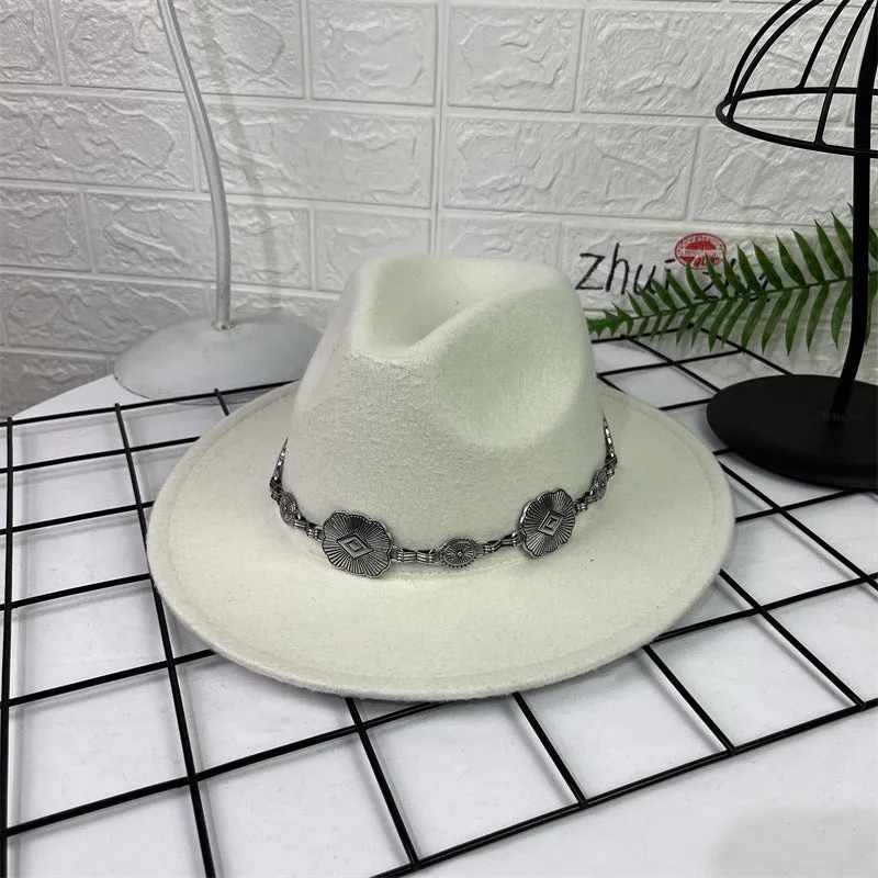 Hat Silver Square Chain Top Hat Wide Brim Flat Edge Woolen Fedora Hat