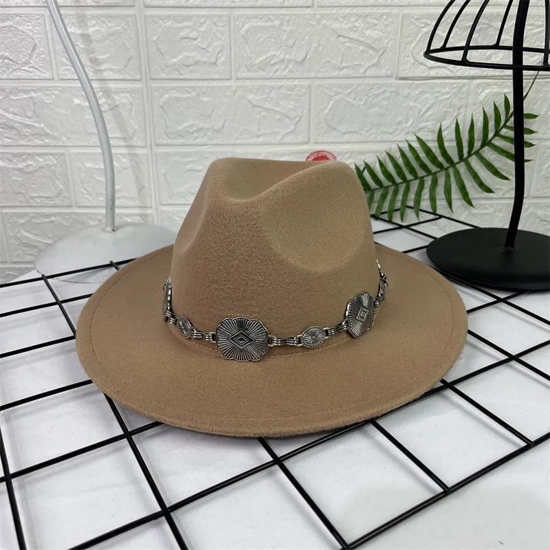 Hat Silver Square Chain Top Hat Wide Brim Flat Edge Woolen Fedora Hat