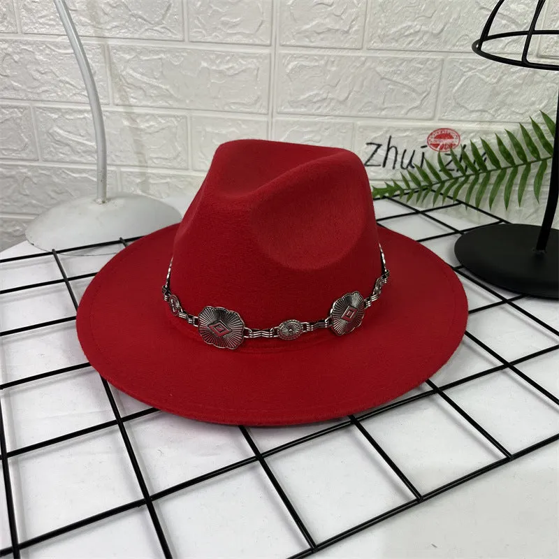 Hat Silver Square Chain Top Hat Wide Brim Flat Edge Woolen Fedora Hat