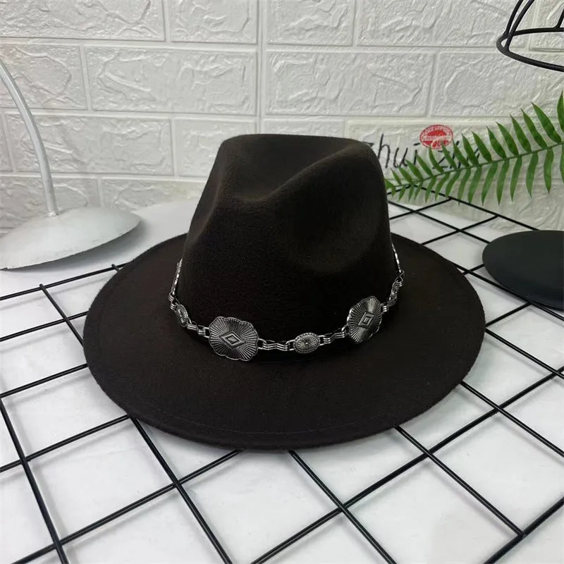 Hat Silver Square Chain Top Hat Wide Brim Flat Edge Woolen Fedora Hat