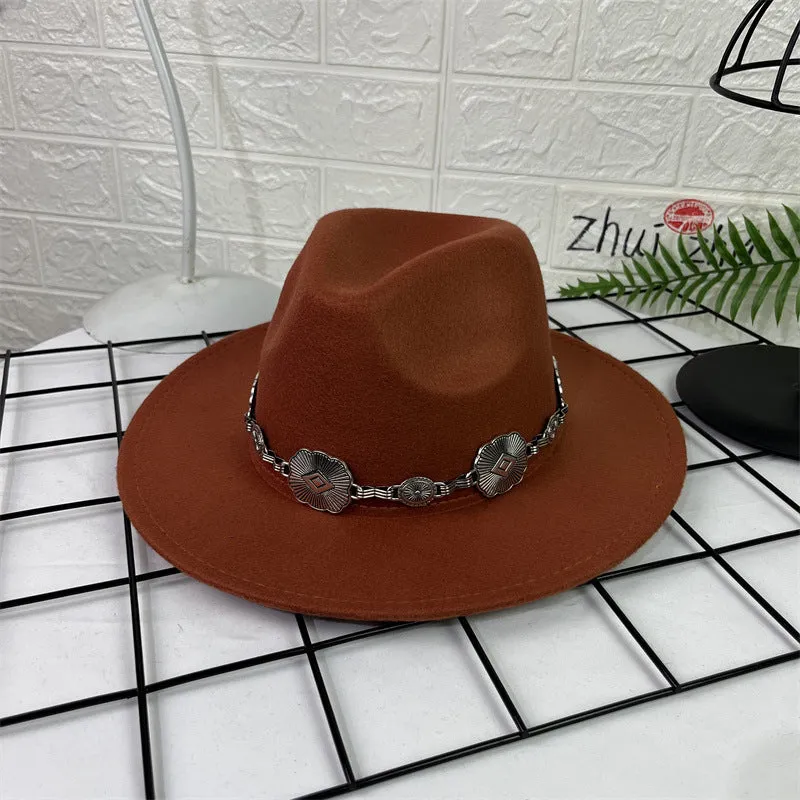 Hat Silver Square Chain Top Hat Wide Brim Flat Edge Woolen Fedora Hat